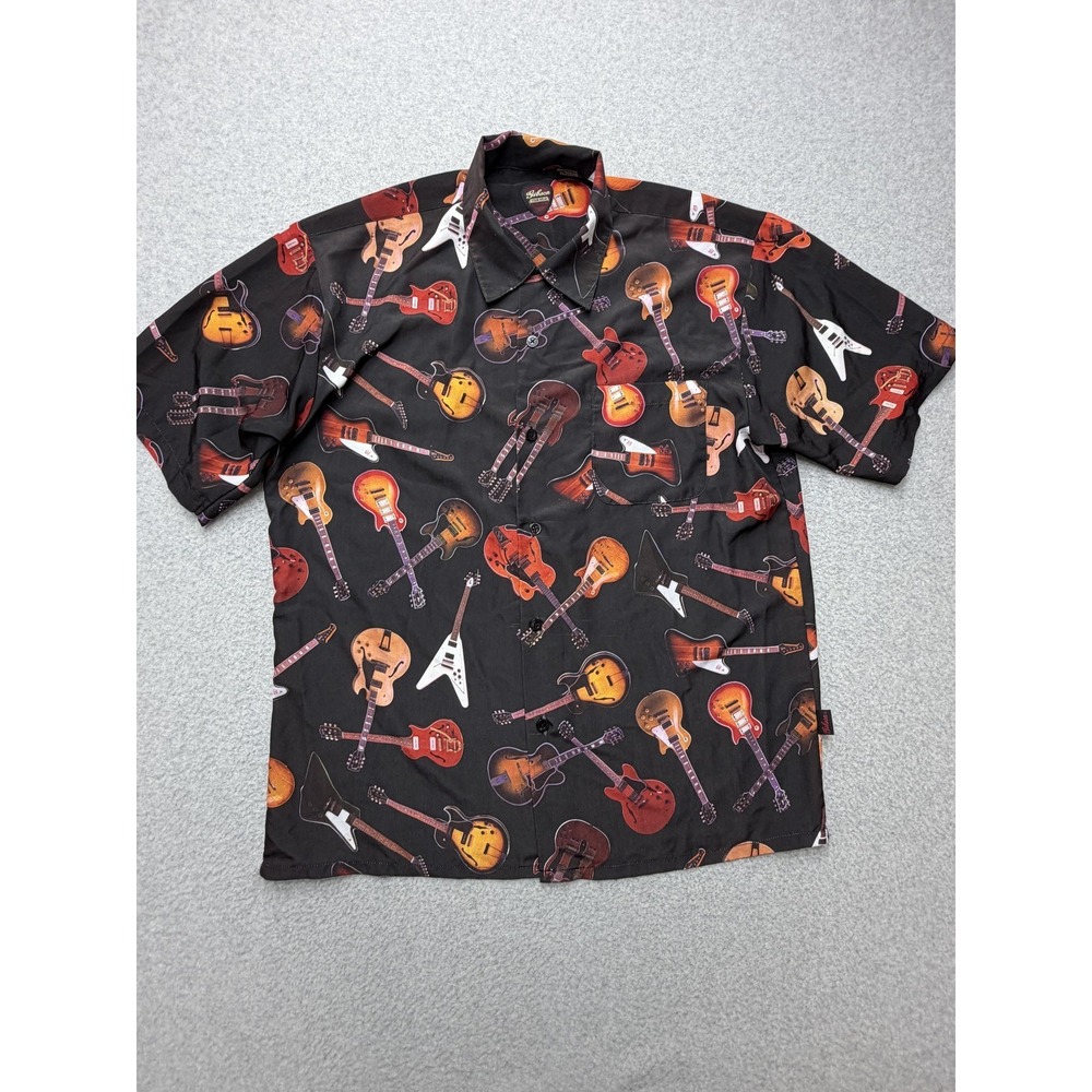Gibson Shirt‎ Mens XL Black Guitar Print Short Sleeve Button Front Casual Rock
